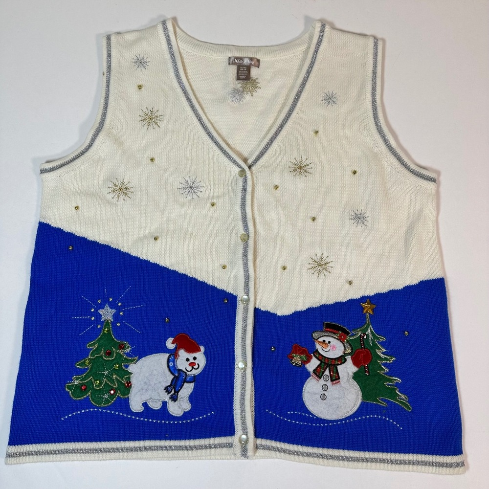 Christmas Party Sweater Vest XL 16-18 Polar Bear Snowman Embellished Holiday